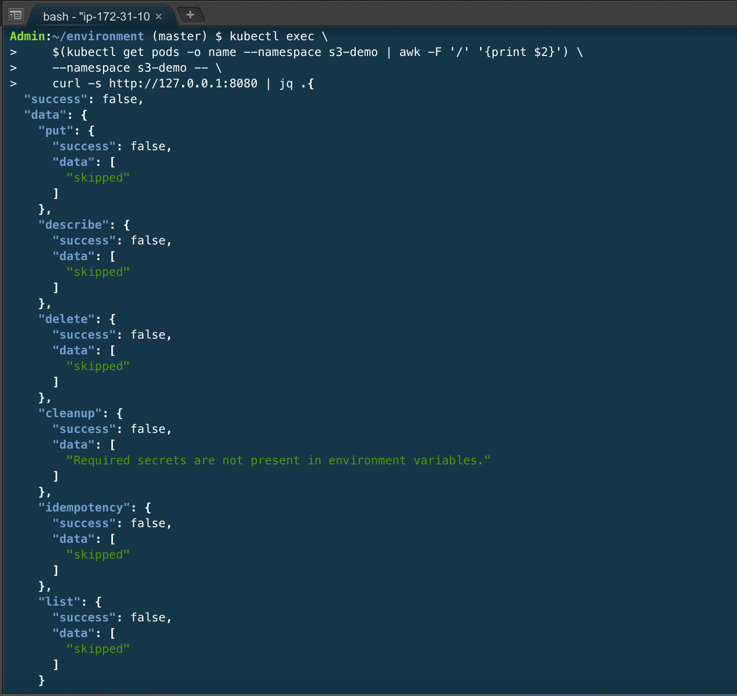 output of curl using kubectl exec.