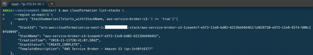 output of aws cloudformation list-stacks.