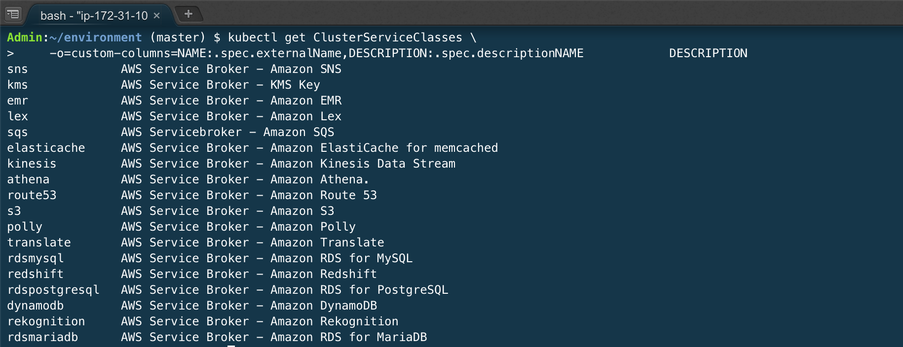 output of kubectl get ClusterServiceClasses.
