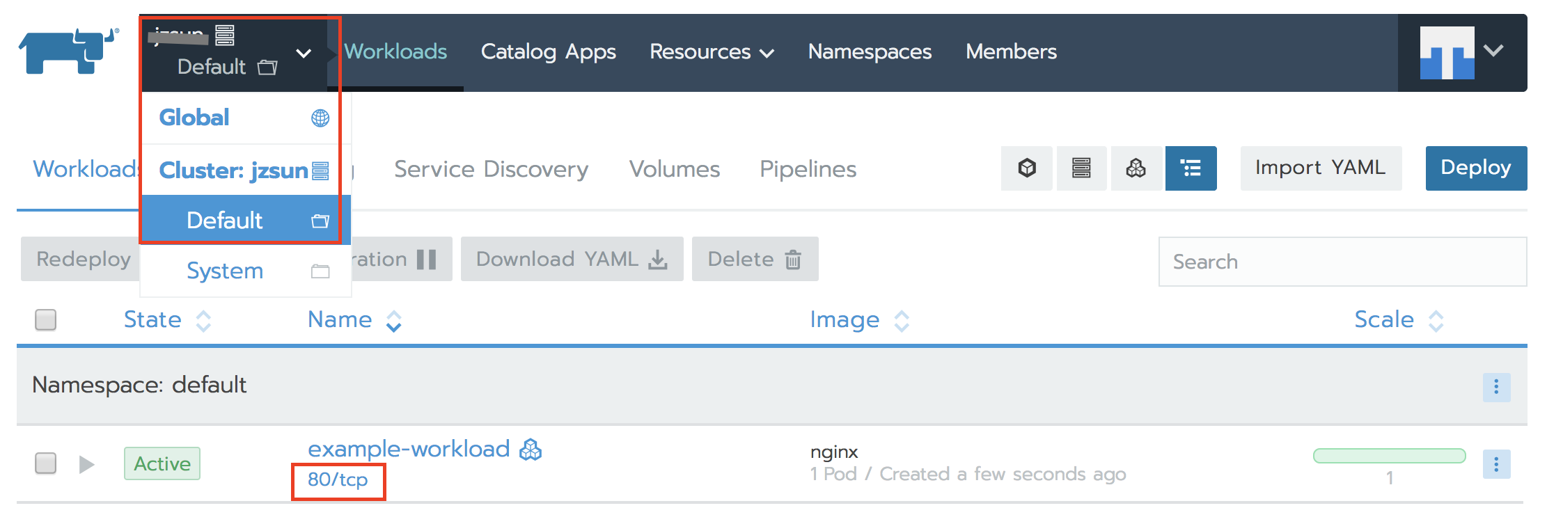 Rancher active namespace.