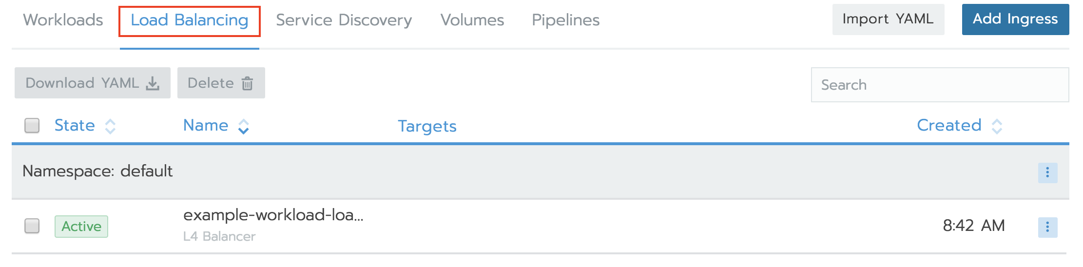 Rancher load balancing tab.