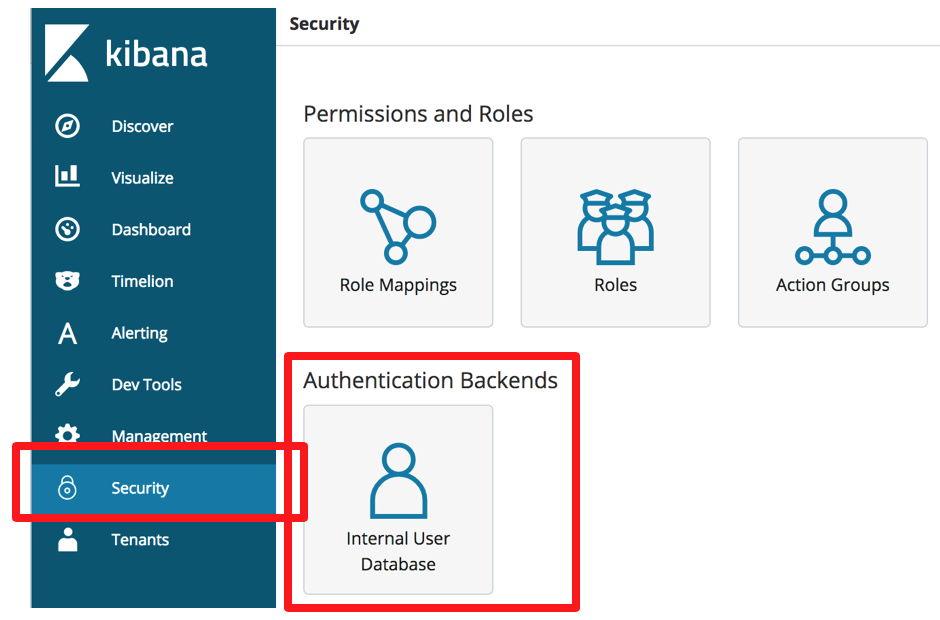 Open Distro for Elasticsearch security plugin Kibana window showing permissions and roles as well as authentication back ends