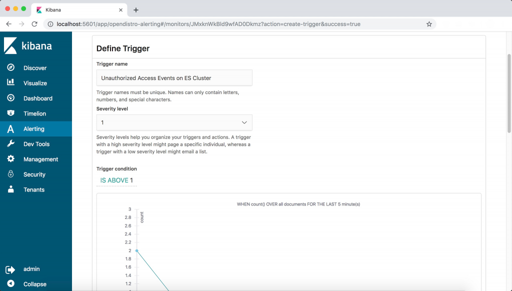 wizard dialog for creating a monitor trigger in open distro for elasticsearch, setting the trigger name, severity, and threshold value