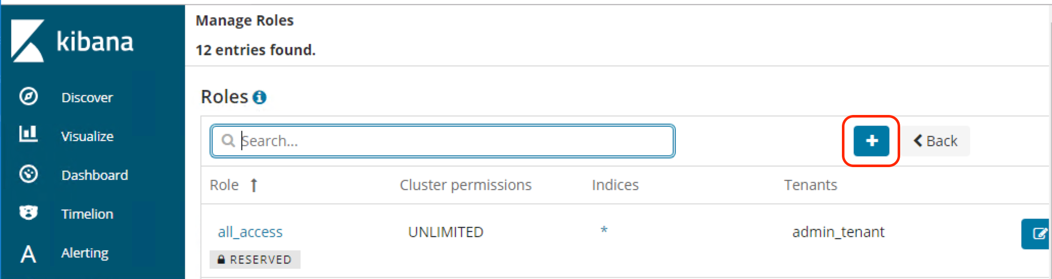 Showing Open Distro for Elasticsearch's security plugin role management page