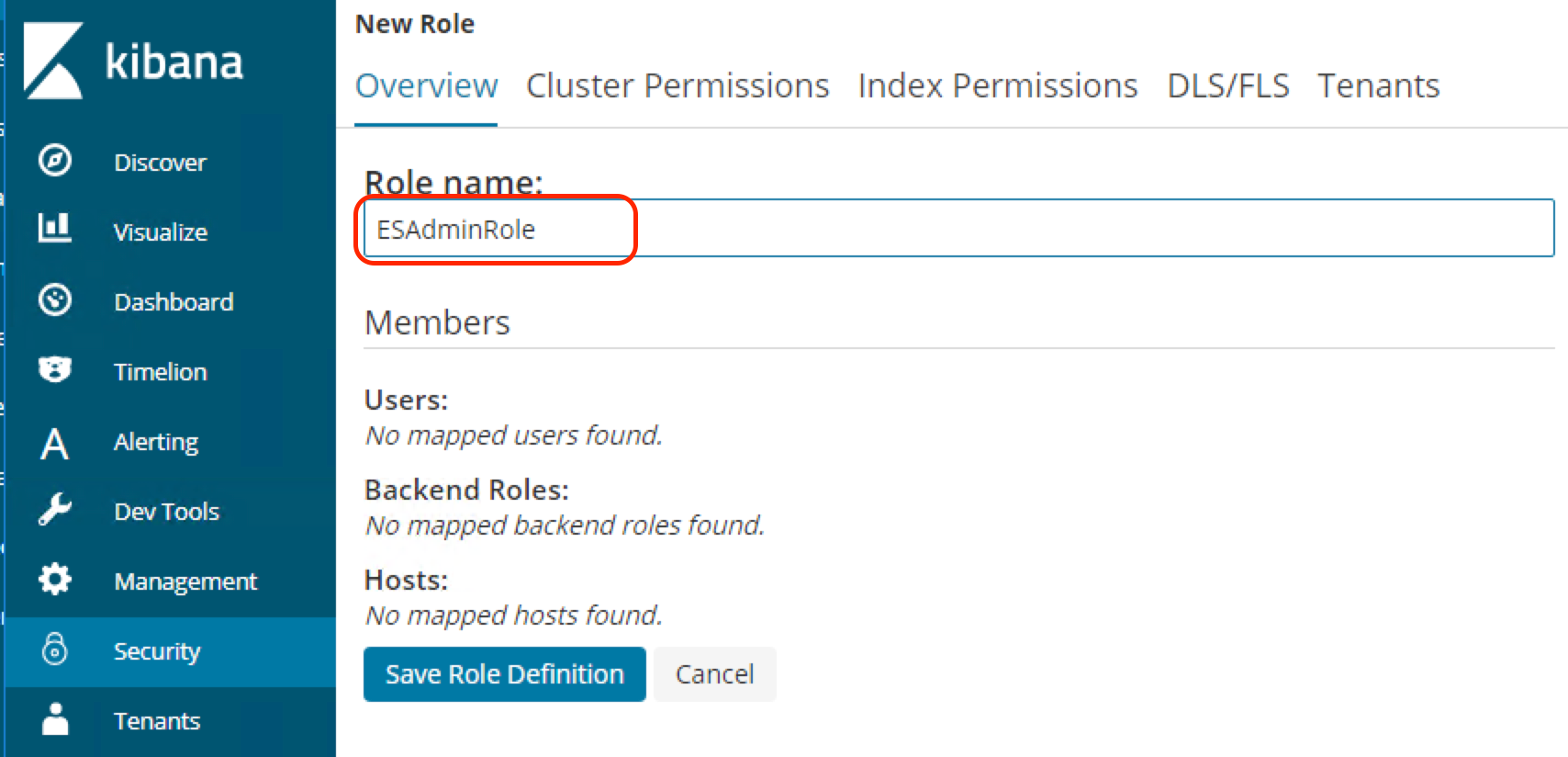 Kibana panel for setting the role name for a new backend role in Open Distro for Elasticsearch