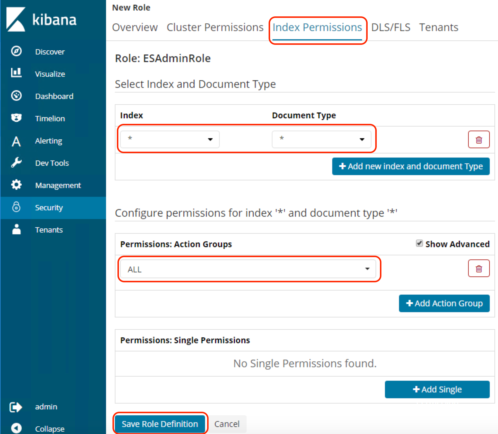 Set index permissions for a new backend role in Open Distro for Elasticsearch