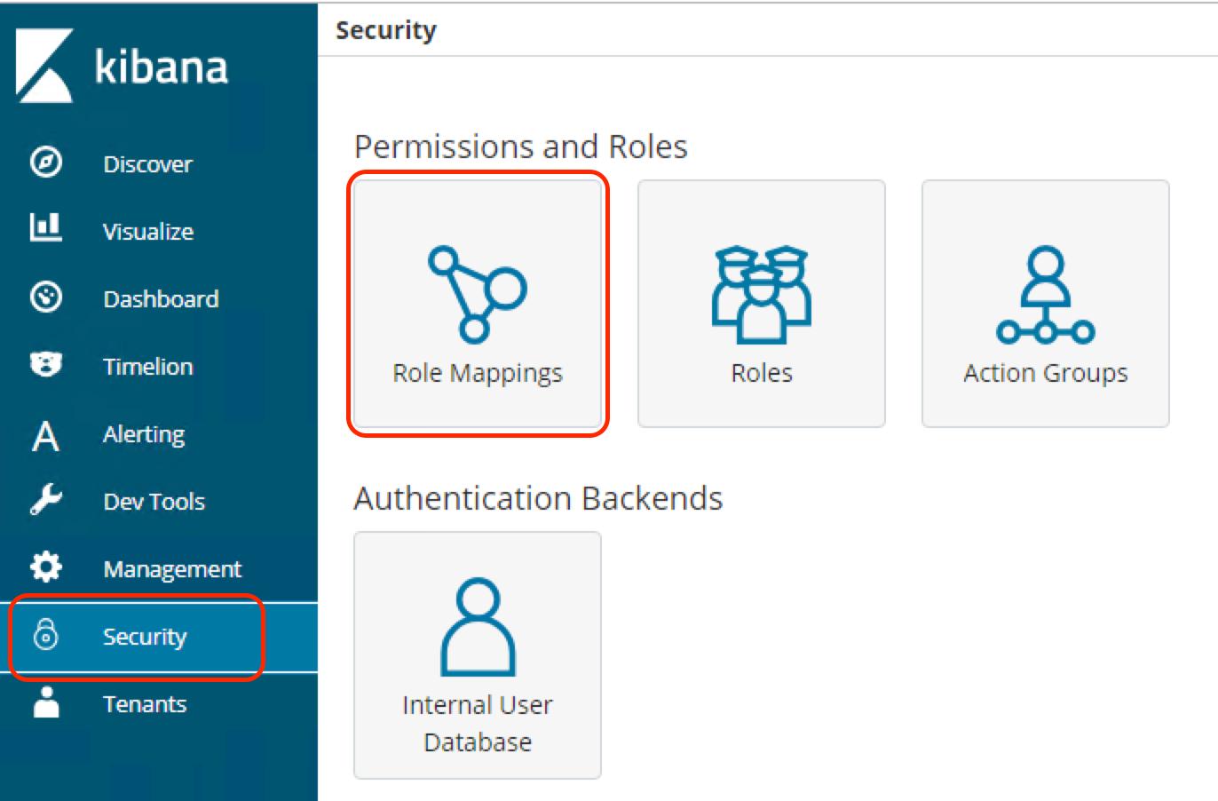 Open Distro for Elasticsearch main Kibana panel for the security plugin, showing the location of the role mappings button