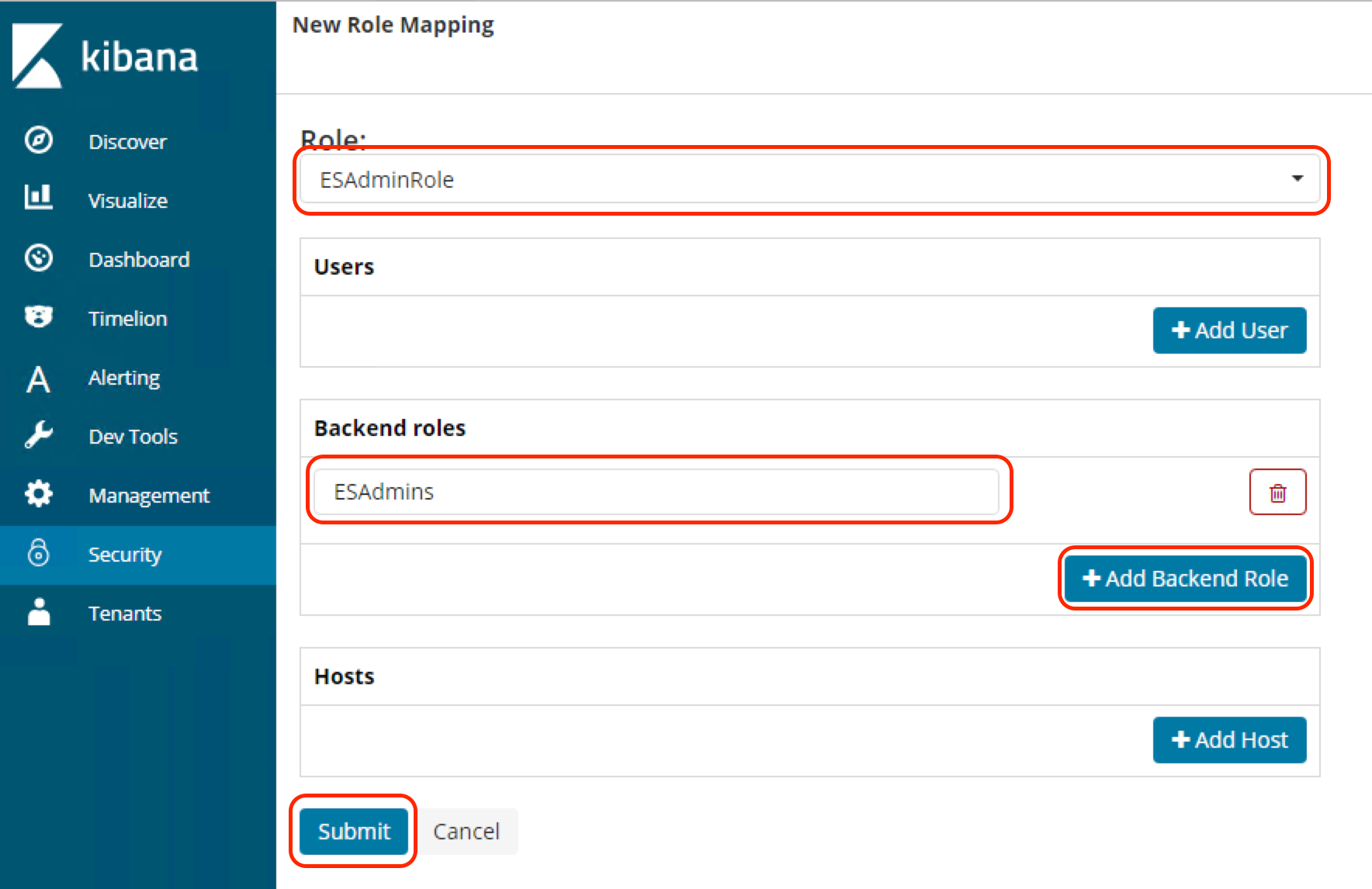 Dialog for creating a new role mapping in Open Distro for Elasticsearch