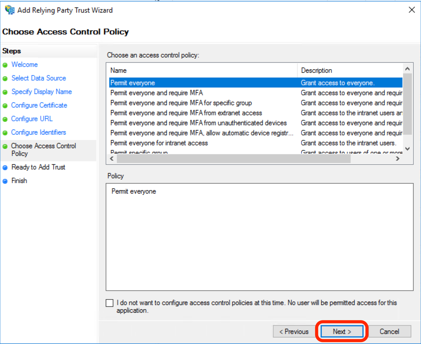 Choose Access control policy