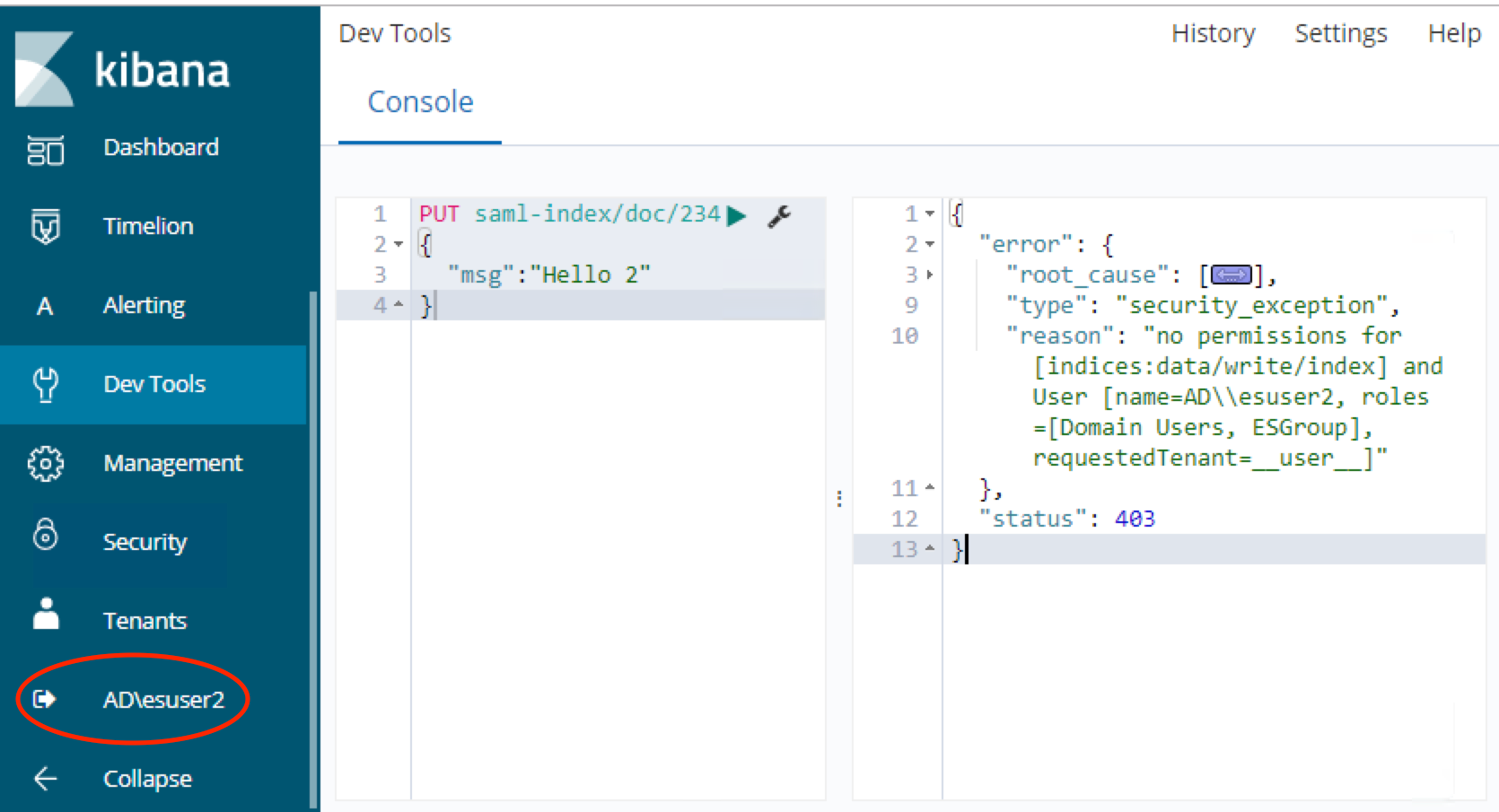 esuser2 create document result