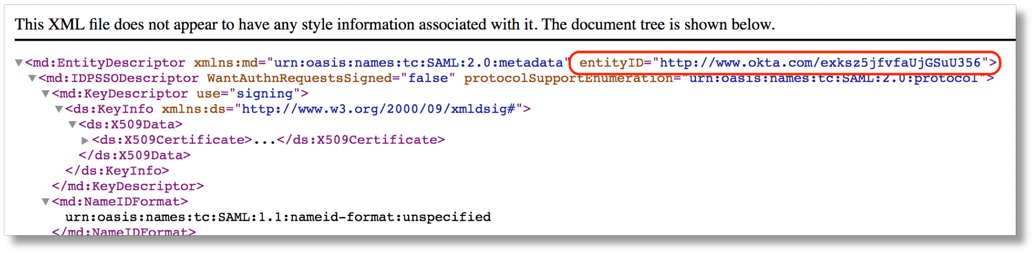 metadata file showing entity id