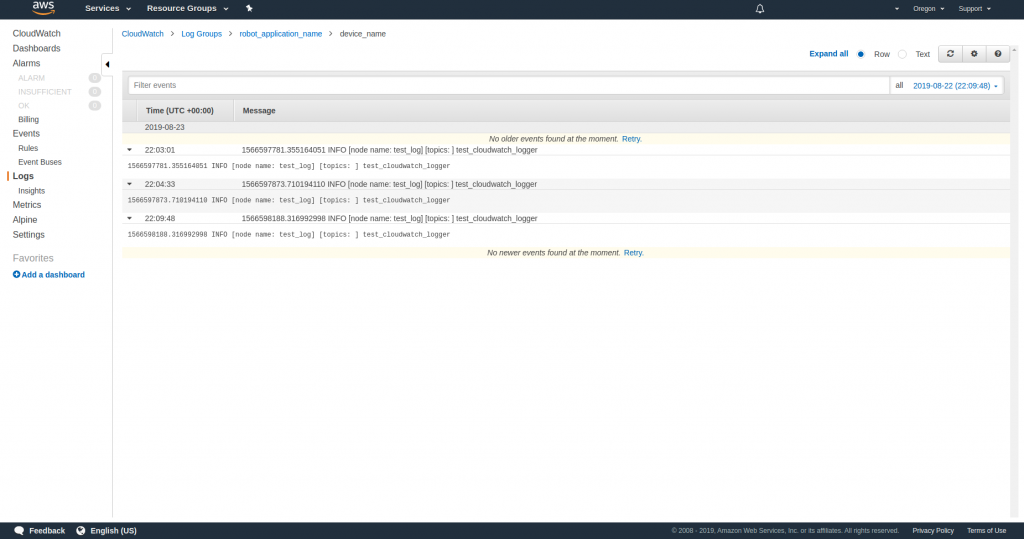 CloudWatch logs console example.