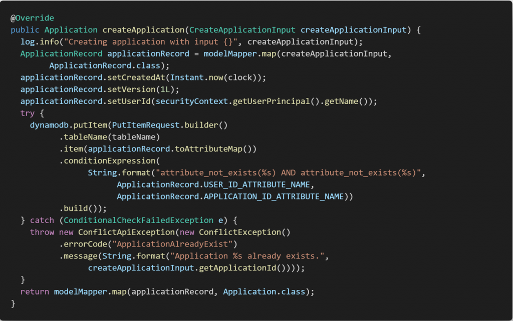 Implementation of create application API.