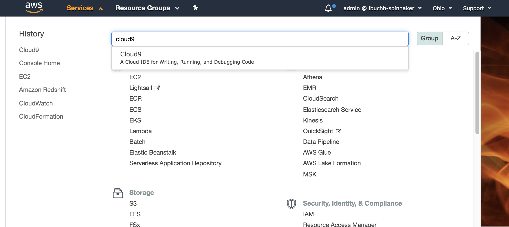 User interface of AWS Management Console.