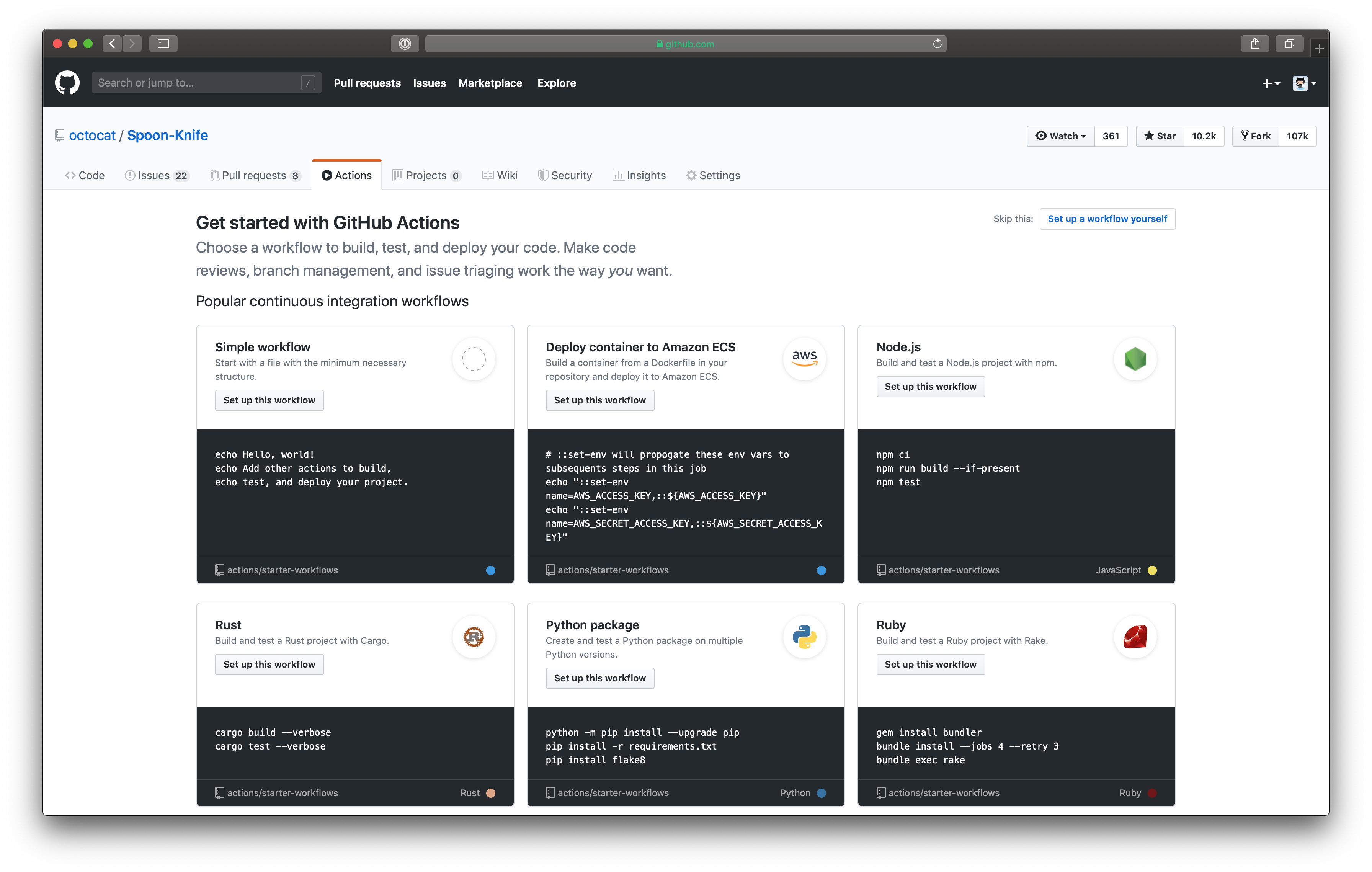 The Actions tab of GitHub Actions.