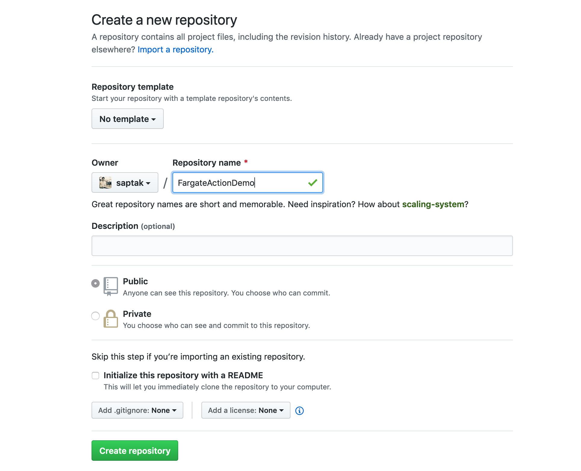 GItHub dialog box for creating a new repository.