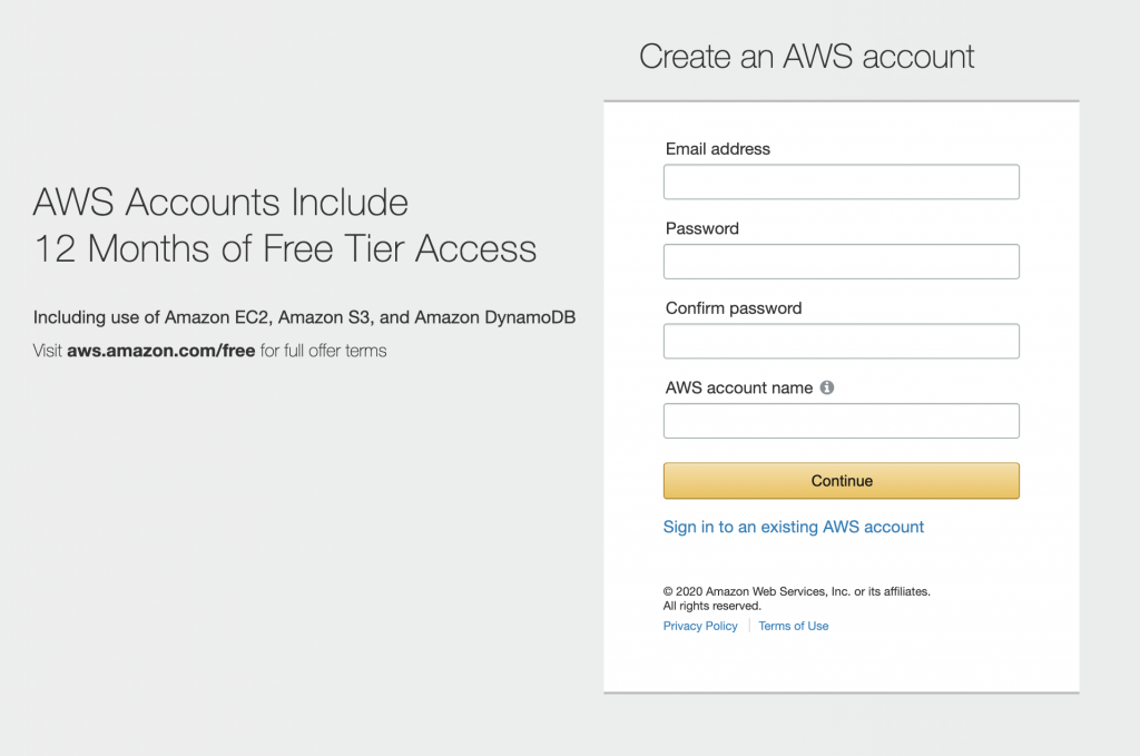 screenshot of fields for creating an AWS account