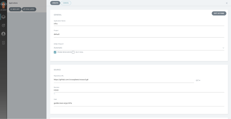 screenshot of full configuration settings, including sync policy and repository url