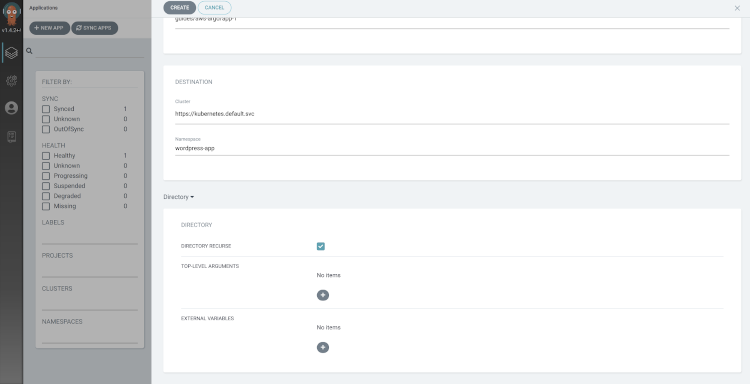 Screenshot showing a new Argo CD Application, this time pointing the Source to the /app-1 directory.