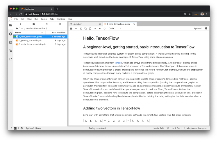 Jupyter lab client on your local laptop or desktop, that is connected to a Jupyter server running inside a Docker container on a powerful EC2 instance with an NVIDIA V100 GPU. Your very own sandboxed development environment.