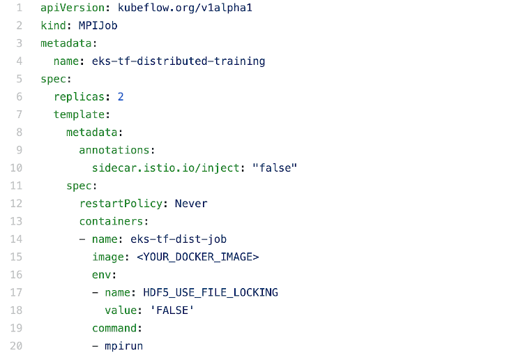 Excerpt of a Kubernetes config file for distributed training with TensorFlow and Horovod API. Note that the screenshot does not show the full file.
