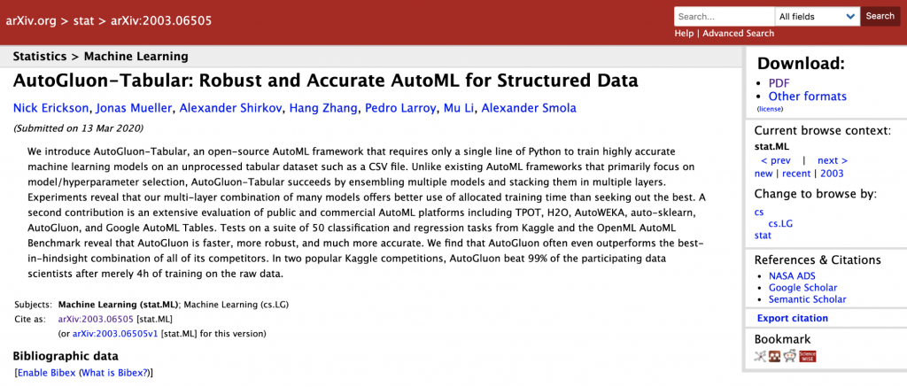 AutoGluon-Tabular 论文的屏幕截图 https://arxiv.org/abs/2003.06505