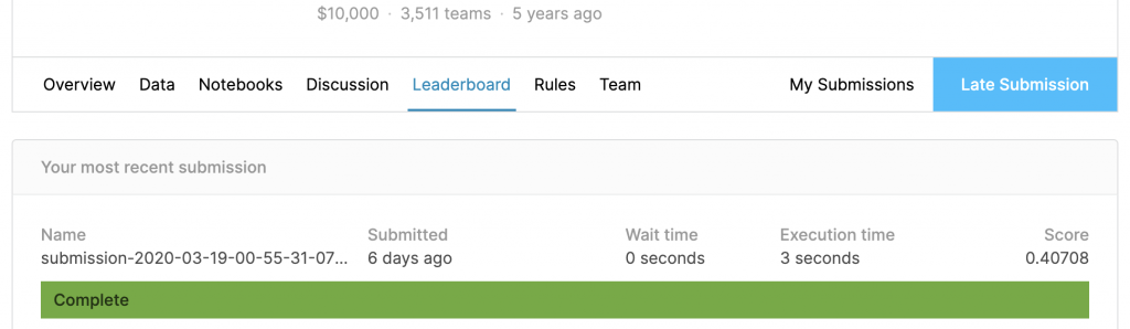 screenshot from the kaggle submissions
