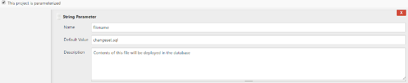 Click on Dropdown 'Add Parameter' and select 'String Parameter' .Populate the fields as shown in this screenshot: filename, changeset.sql, and description