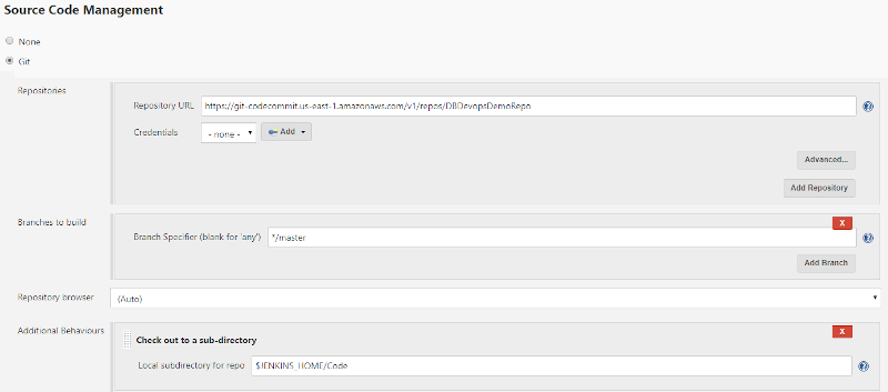 In the ‘Source Code Management’ section check the option ‘Git’. Populate the field ‘Repository URL’ and ‘Branch Specifier’ with the repository details.In the ‘Additional Behaviours’ select the drop down ‘Check out to a sub-directory’ and enter 'JENKINS_HOME/Code' as shown in this screenshot