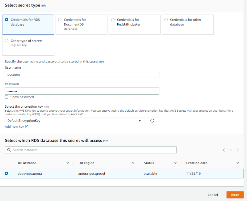 Screenshot: Select the secret type as Credentials for RDS database and then enter the database username and password.