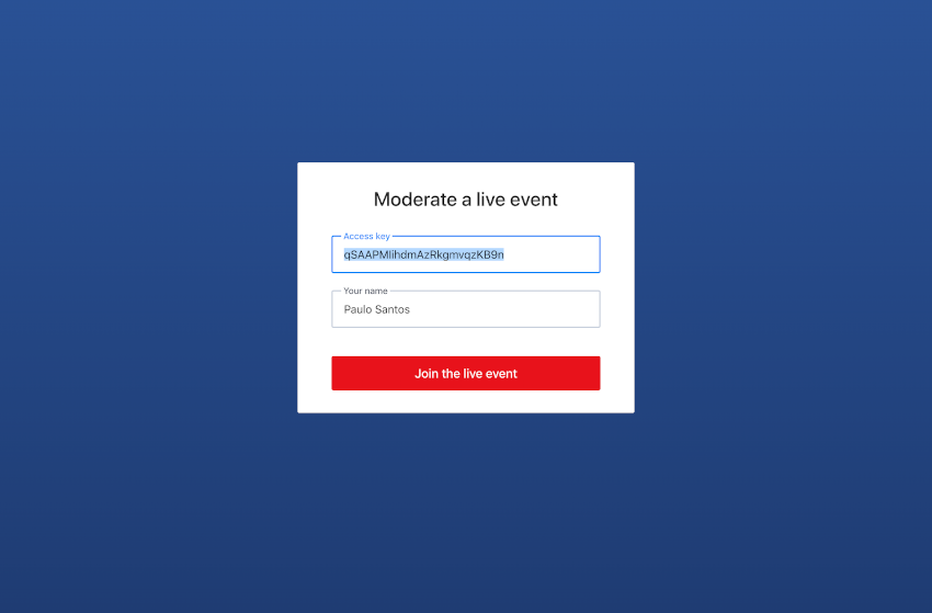 event moderator log in screen.