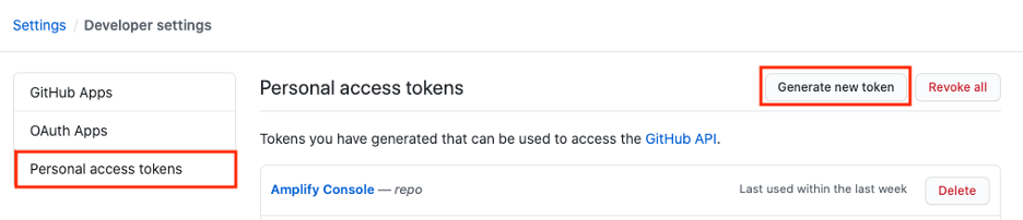 In the developer settings select Personal access token and block on the Generate new token button to create a new token. You can name this token Amplify Console as shown in the screenshot.