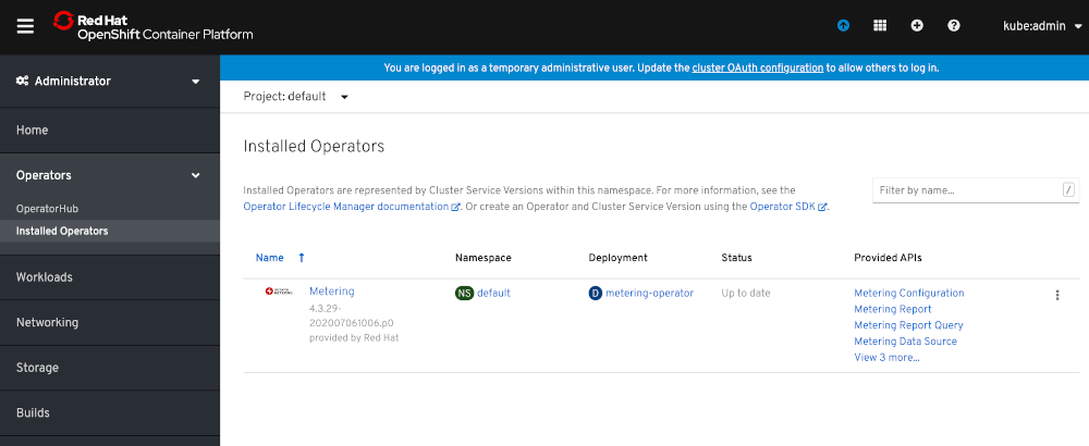OpenShift view showing installed Operators