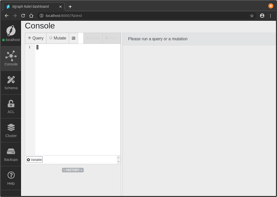 For the Dgraph Server Connection, pick http://localhost:8080, hit the Connect button and then Continue button. You should by now have a window that looks something like this: