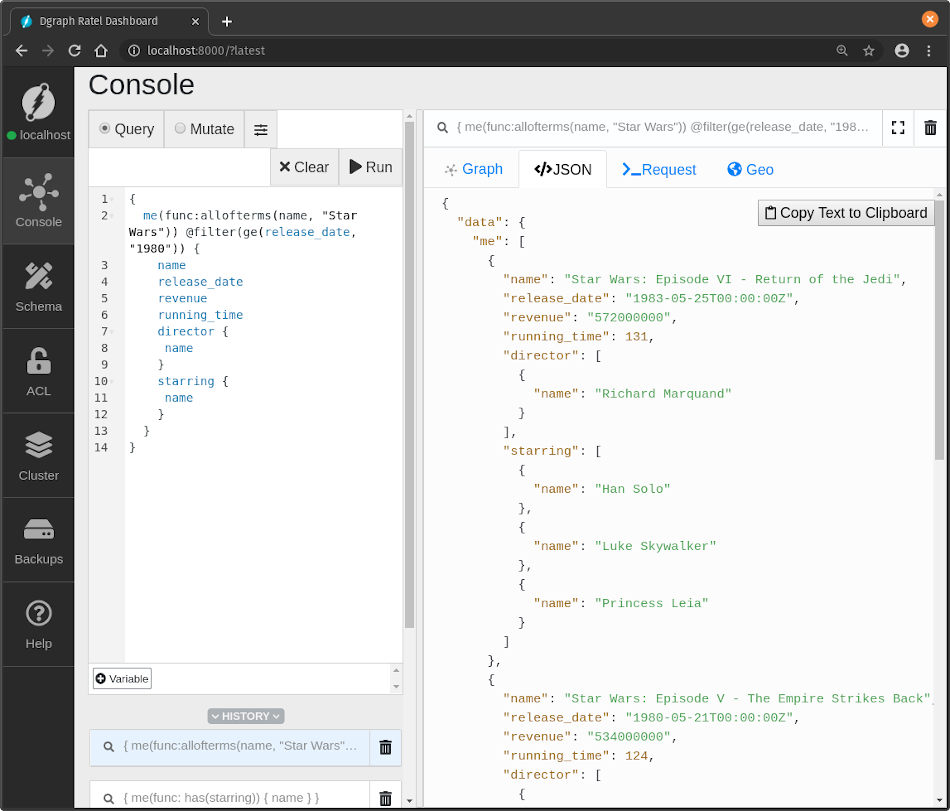 Once the results return, we are shown the JSON and the graphical representation of the graph.