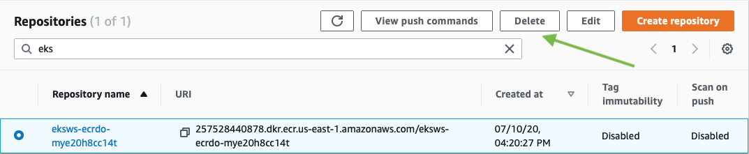 Screenshot of the ECR management console showing how a user can delete an ECR repository.
