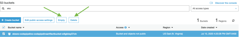 Screenshot showing the process to delete an S3 bucket as part of this example.