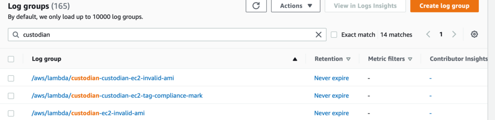Screenshot of the CloudWatch log groups.