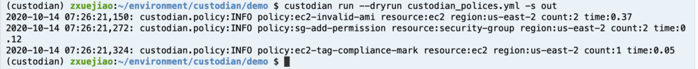 Screenshot of output once you run the command to dry-run Cloud Custodian Policy.