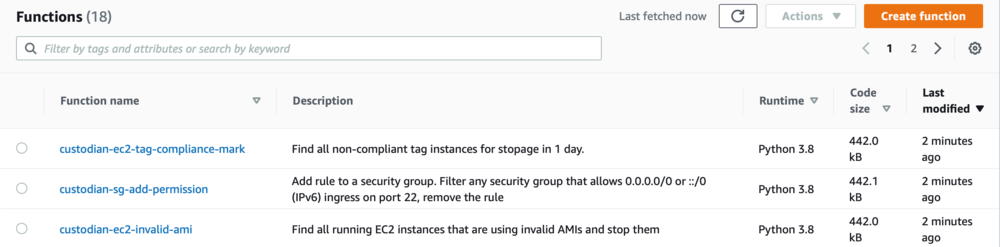 Screenshot of console displaying the Lambda functions.