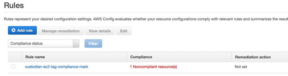 Screenshot of console showing the AWS Config rule.