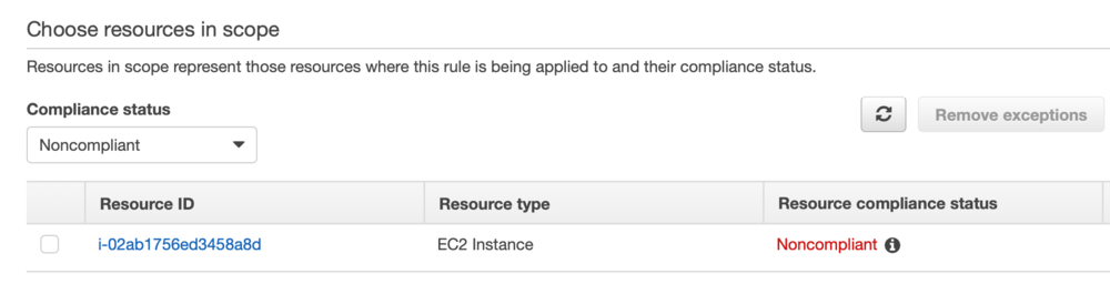 Screenshot of the console on the screen showing the non-compliant resource.