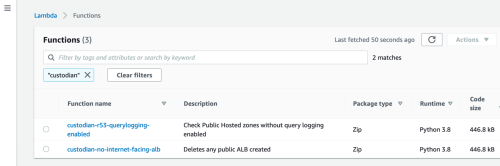 Screenshot of the AWS Lambda console when filtering for "custodian-".