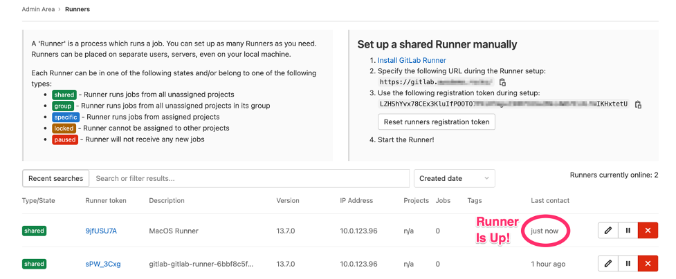 After about 15 minutes, you can now log back into your GitLab instance and validate that the runner has successfully registered, which is shown with "just now" text next to the new runner.
