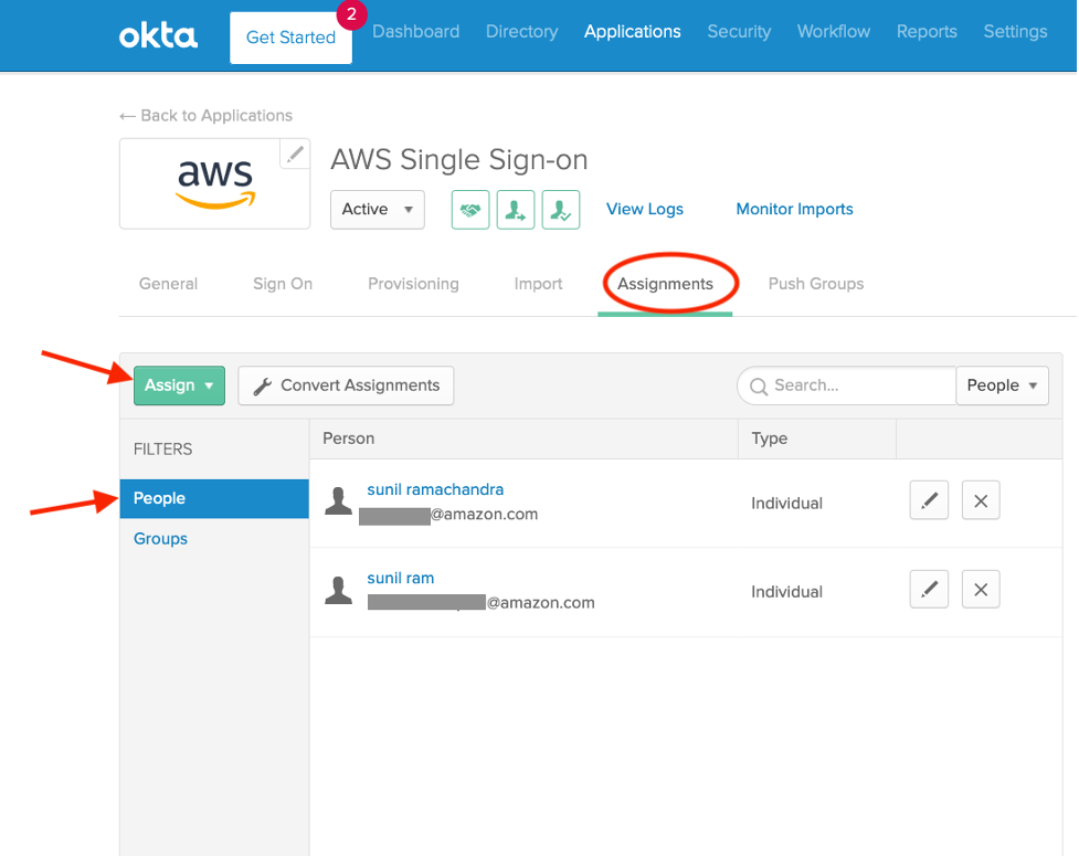 In the Okta portal, navigate to Assignments under the AWS Single Sign-On and assign the users in the organization who should have access to AMG.