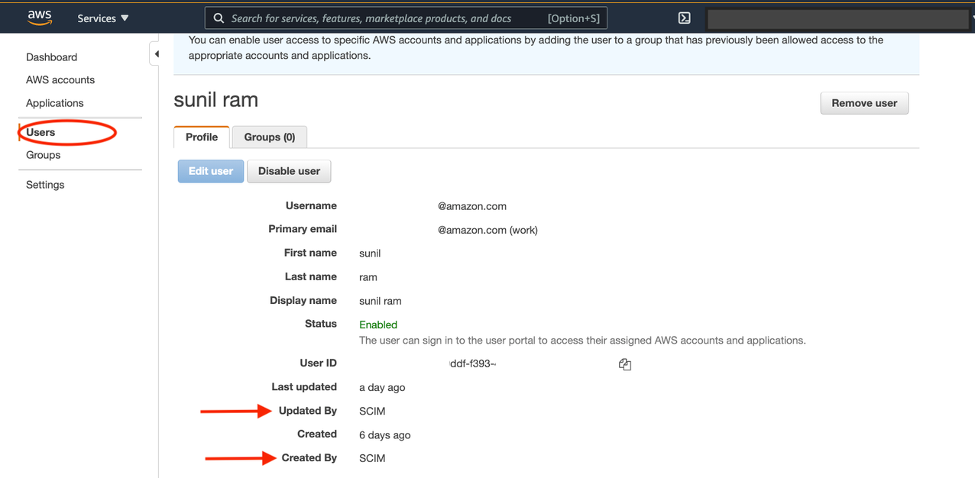 Verify whether this user or group has synced into AWS SSO via SCIM by logging into AWS SSO service via the AWS Console.
