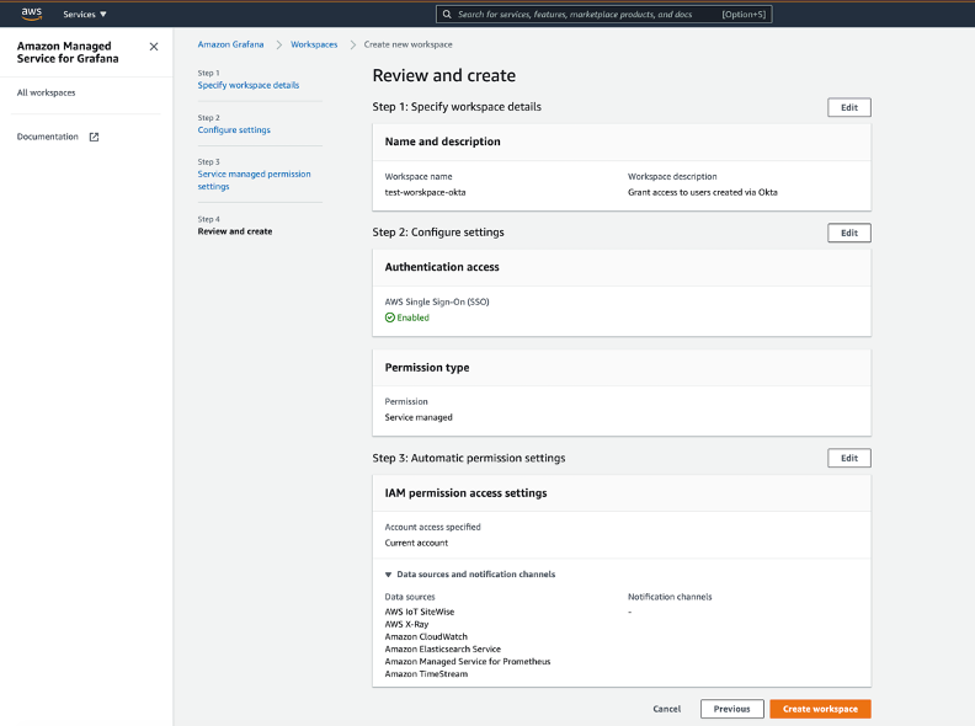 Next configure the settings to use AWS Single Sign-On and under service managed permission settings, choose service managed permission type (because we intend to use external IDP integration with AMG), and select the data sources as per your requirement.