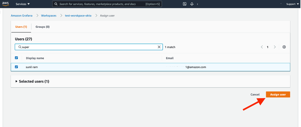Here we are assigning the user to AMG, which we previously created through our Okta - AWS SSO SCIM integration.