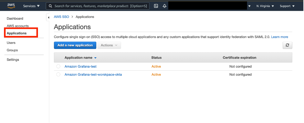 To verify, we can navigate to AWS SSO service and Applications to view the AMG app.