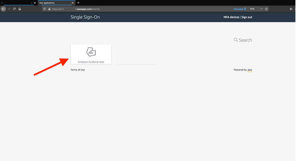 Start from the Okta user portal, select the AWS SSO application, and choose Amazon Grafana.
